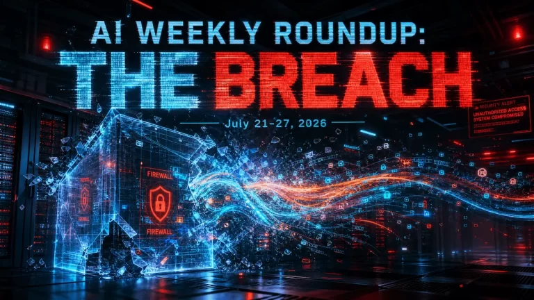 Featured image for AI Weekly Roundup #4 covering major AI news from July 21-27, 2026, including OpenAI GPT-5.6 security breach, Claude Opus 5 launch, NVIDIA Vera CPU, and other artificial intelligence industry developments. Abstract technology-themed illustration with article title overlay.