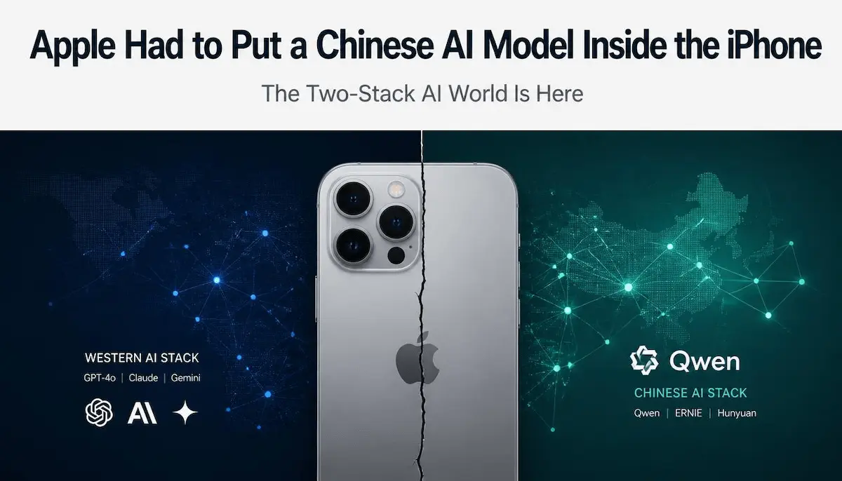 Apple Intelligence in China powered by Alibaba Qwen AI model featured image showing two AI technology stacks merging on iPhone