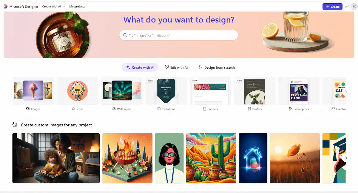 Microsoft Designer AI design tool interface