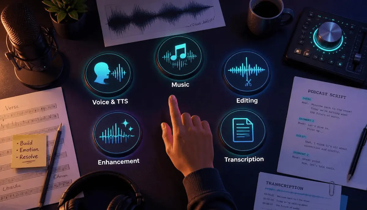 Best AI audio tools 2026 featured image showing ElevenLabs Suno Descript Adobe Podcast and Whisper for voice music podcast cleanup and transcription