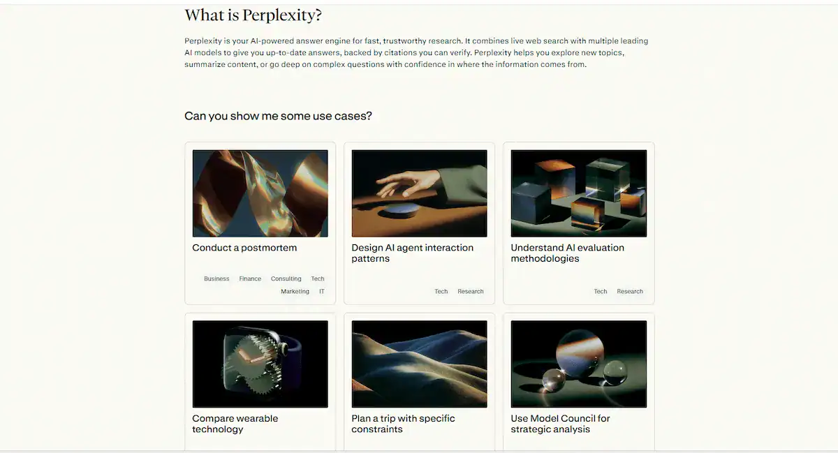 Perplexity AI research tool with source citations