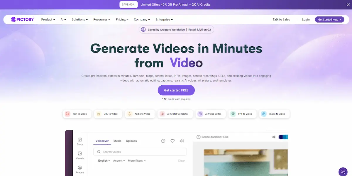 Pictory AI text-to-video editor interface showing script-to-video workflow