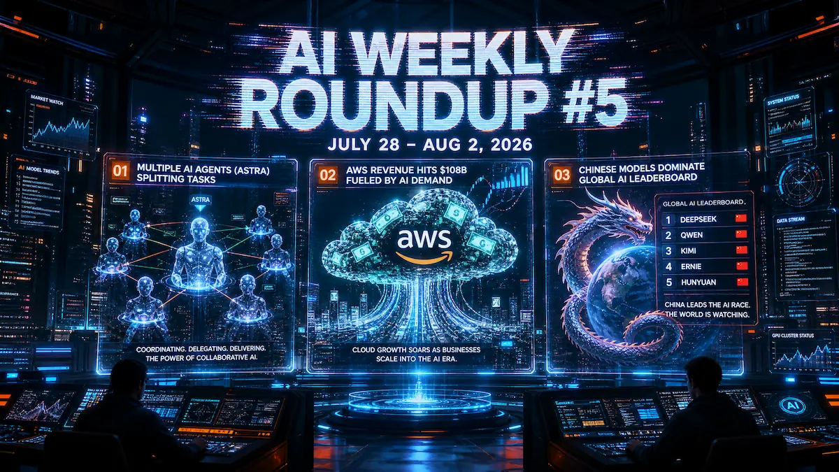 Featured image for AI Weekly Roundup #5 covering major artificial intelligence news from July 28 to August 2, 2026, including OpenAI Astra leak, Amazon $50B investment, Google Earth AI disaster, China models dominating OpenRouter, and EU AI Act enforcement.