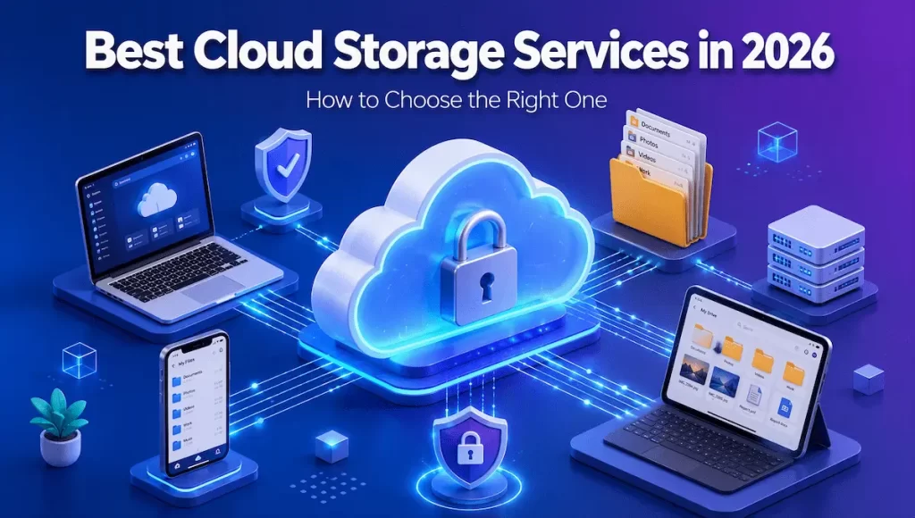 Cloud storage services with padlock and device icons