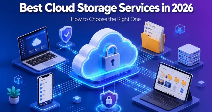 Cloud storage services with padlock and device icons